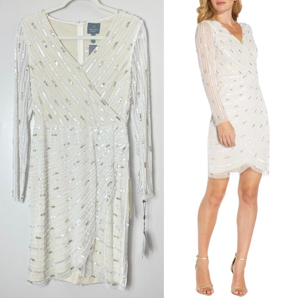 NWT ADRIANNA PAPELL DRESS WHITE SEQUIN BEADED BRIDAL WEDDING BRIDE ENGAGEMENT